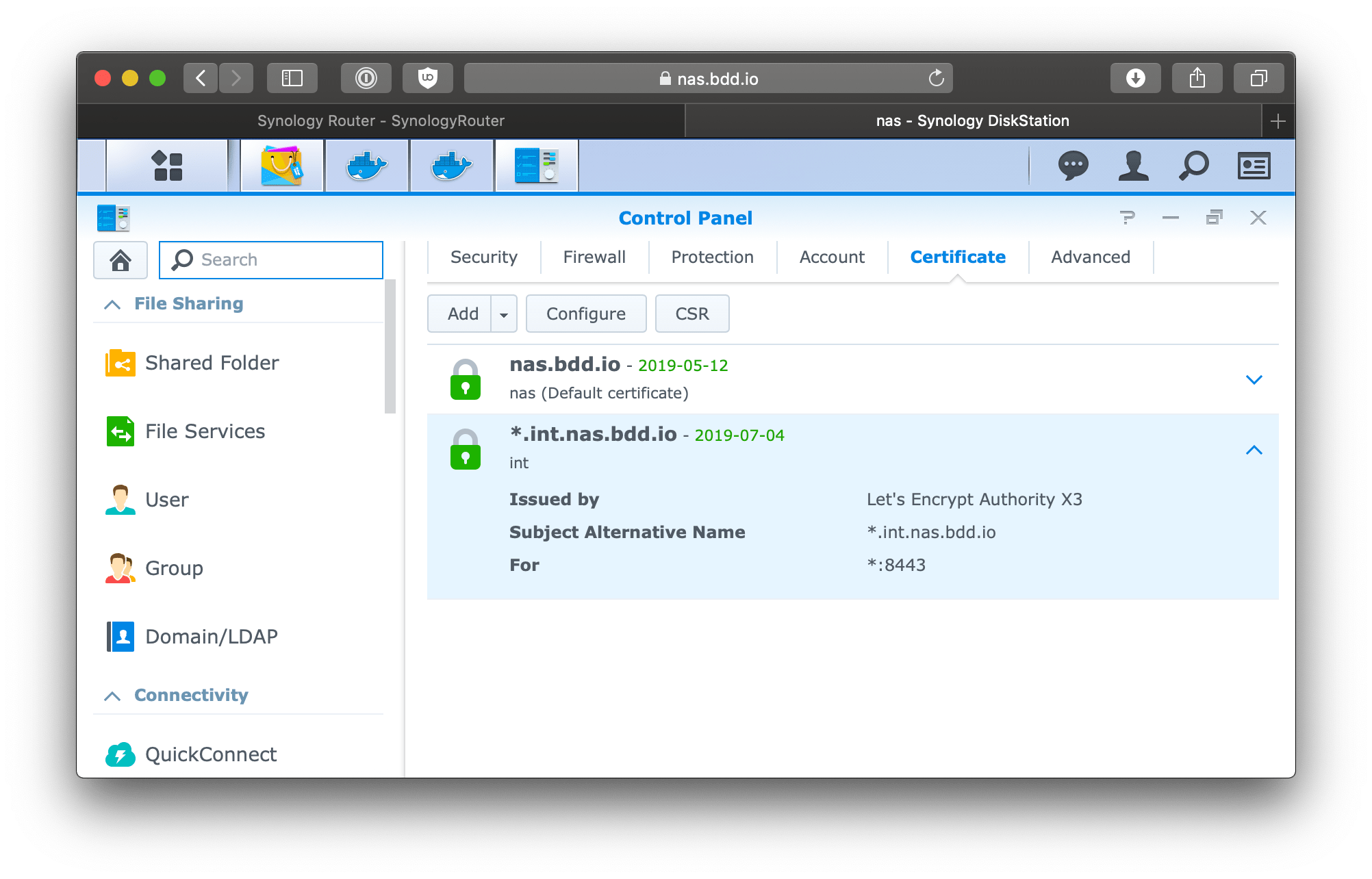 Synology assign wildcard certificate